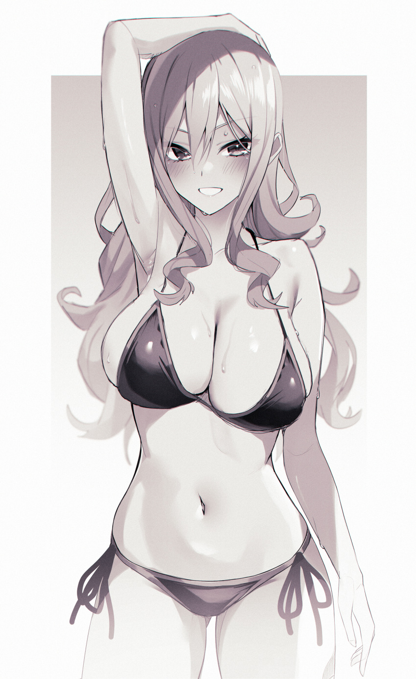 absurdres arm_up armpits ass_visible_through_thighs bikini blush border breasts commentary_request cowboy_shot fairy_tail female gradient_background greyscale hair_between_eyes halterneck hand_on_own_head highres juvia_lockser large_breasts long_hair looking_at_viewer monochrome navel presenting_armpit side-tie_bikini_bottom skindentation slope_(check238) smile solo stomach string_bikini sweat swimsuit very_long_hair white_border