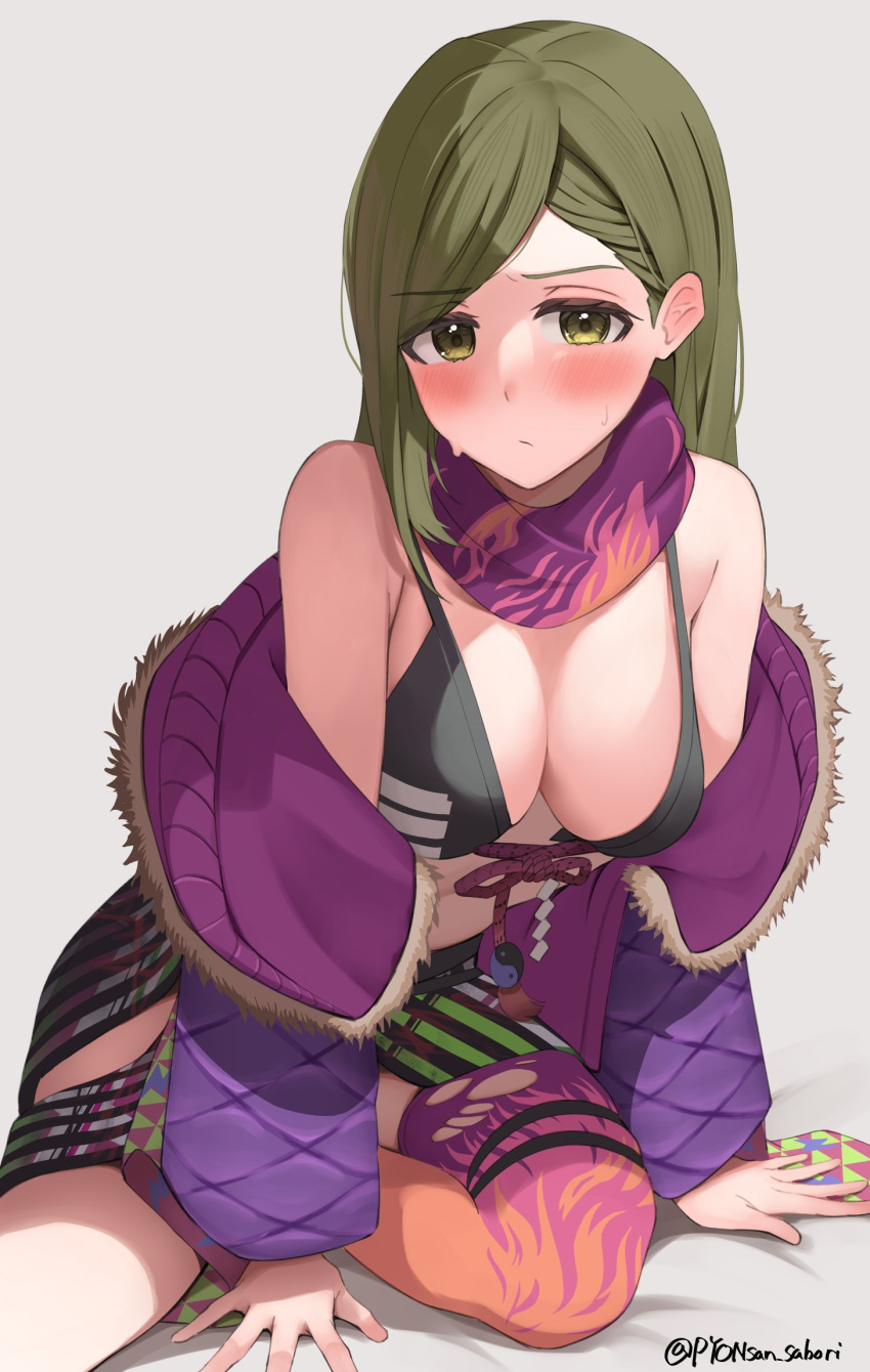 arm_support bikini bikini_top_only black_bikini blush breasts cosplay female green_eyes green_hair highres idolmaster idolmaster_shiny_colors izumi_mei jacket long_hair medium_breasts nanakusa_hazuki off_shoulder purple_jacket purple_scarf pyonsan scarf simple_background single_thighhigh sitting solo swept_bangs swimsuit thighhighs torn_clothes torn_thighhighs twitter_username white_background