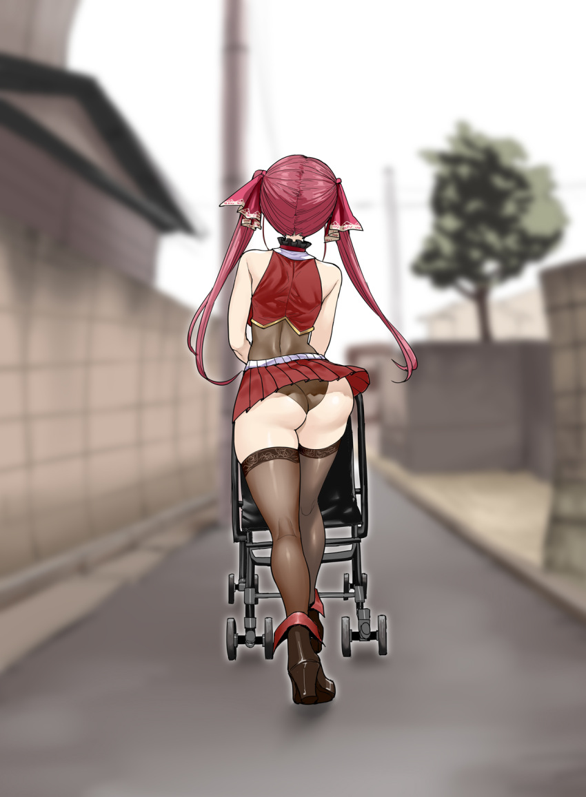 ass baby_carrier blurry blurry_background commentary commentary_request cropped_jacket facing_away female from_behind full_body highres hololive houshou_marine houshou_marine_(1st_costume) jacket leotard leotard_under_clothes outdoors parody red_hair red_jacket simple_background sleeveless sleeveless_jacket solo stroller thighhighs thighs twintails unou_(mousou_deguchi) virtual_youtuber