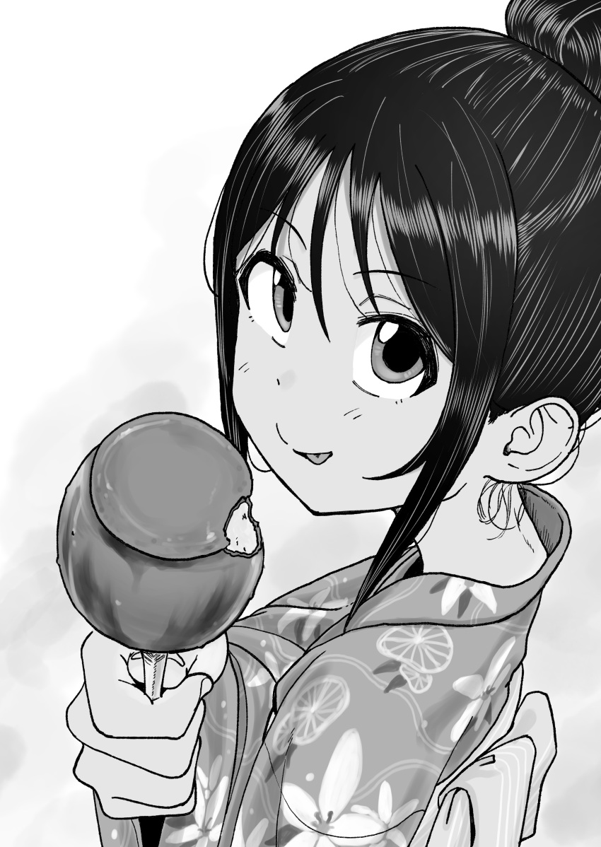 absurdres black_hair bright_pupils candy_apple clenched_hand female fingernails floral_print food gradient_background grey_background hair_between_eyes hair_bun highres holding holding_food incoming_food inu_chikushou itoko_no_ko japanese_clothes kimono long_bangs looking_at_viewer looking_up nape pov skinny smile solo sou_(itoko_no_ko) straight_hair tan tongue tongue_out yukata