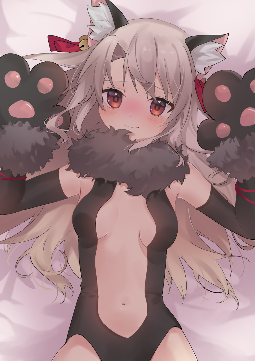 absurdres akaneko016 animal_ear_fluff animal_ears animal_hands bare_shoulders bell black_gloves black_leotard blush breasts cat_ears center_opening elbow_gloves fake_animal_ears fate/kaleid_liner_prisma_illya fate_(series) female fur_collar gloves hair_ribbon highres illyasviel_von_einzbern illyasviel_von_einzbern_(beast_style) jingle_bell leotard long_hair looking_at_viewer navel paw_gloves red_eyes ribbon sidelocks small_breasts solo white_hair