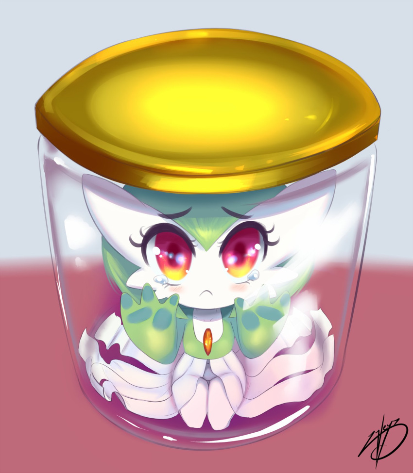 :< against_glass artist_name blush bob_cut chibi closed_mouth colored_skin commentary cumjar_(meme) english_commentary eyelashes female flat_chest gardevoir green_hair green_skin groin hands_up highres in_container in_jar jar kneeling looking_at_viewer meme multicolored_skin navel pokemon pokemon_(creature) raised_eyebrows red_eyes sad short_hair signature sitting solo straight-on tears thighs two-tone_background two-tone_skin white_skin wide-eyed zyleyz