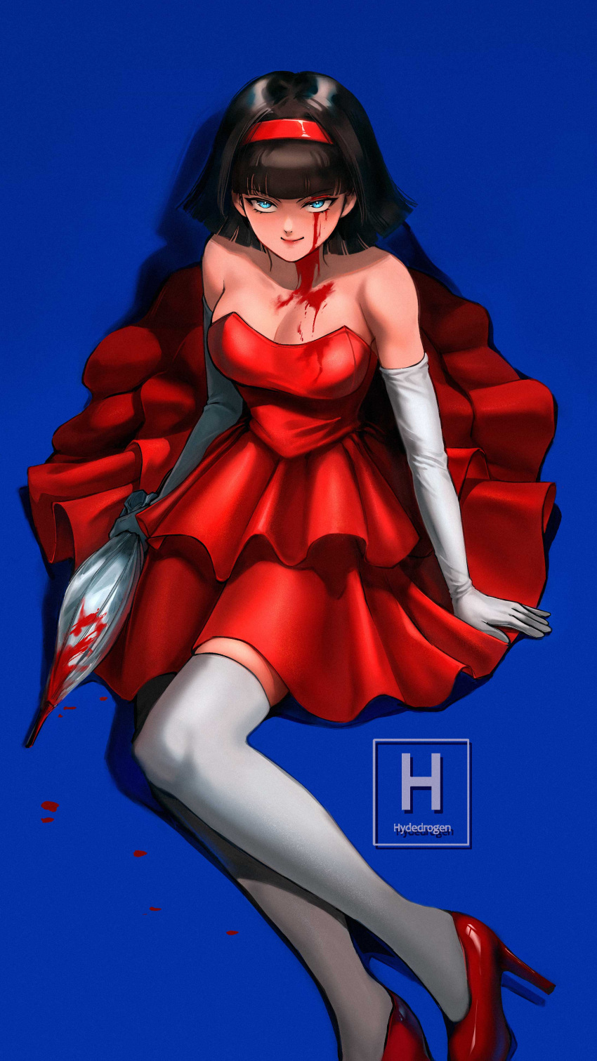 absurdres artist_logo bare_shoulders black_hair blood blood_on_clothes blood_on_face blue_background blue_eyes breasts cosplay dragon_ball dress elbow_gloves female gloves hairband high_heels highres hydeover9000 kirigoe_mima kirigoe_mima_(cosplay) perfect_blue red_dress red_footwear red_hairband short_hair smile solo thighhighs videl white_gloves white_thighhighs