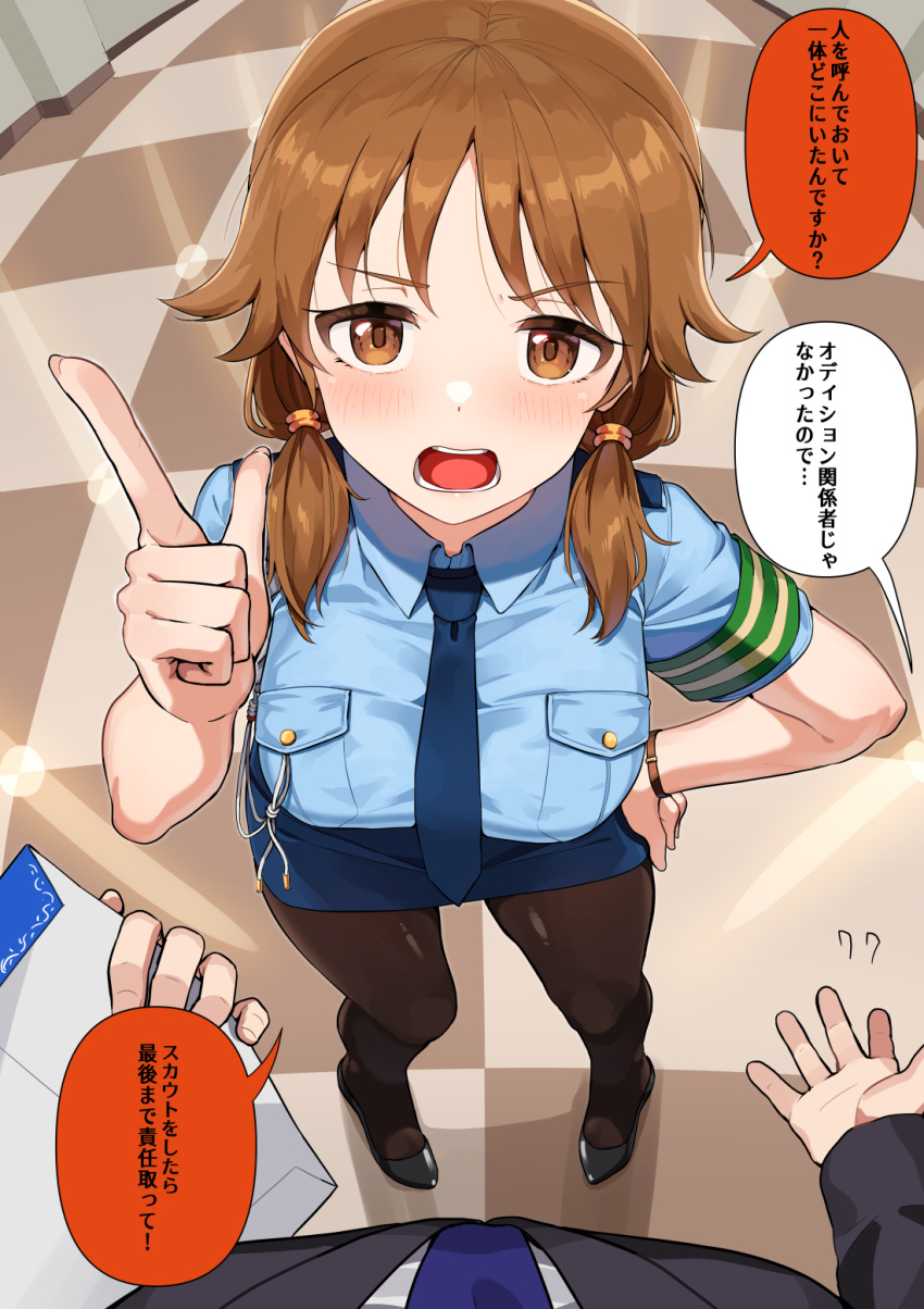 1boy :o armband black_footwear blue_necktie blue_shirt blue_skirt breasts brown_pantyhose checkered_floor commentary_request female green_armband hair_flaps hand_on_own_hip highres idolmaster idolmaster_cinderella_girls indoors japan_national_police kamille_(vcx68) katagiri_sanae looking_at_viewer medium_breasts miniskirt necktie orange_hair pantyhose pencil_skirt pointing pointing_at_viewer police police_uniform policewoman pov pov_hands producer_(idolmaster) shirt short_sleeves short_twintails skirt speech_bubble translation_request twintails v-shaped_eyebrows