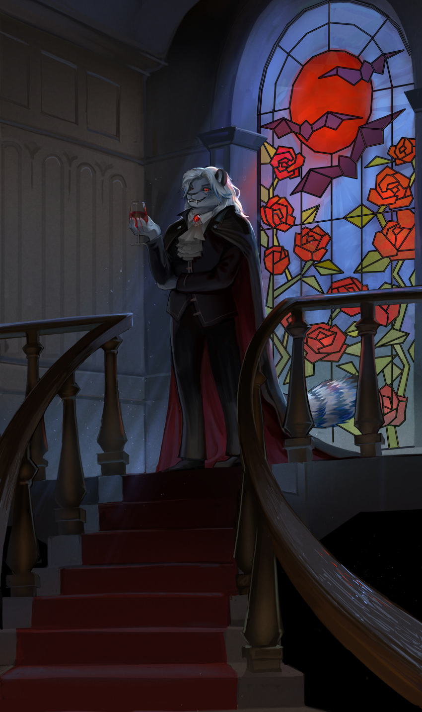 absurd_res anthro backlighting banister bat beverage black_ears cape charzea clothing container cup drinking_glass fangs felid flower glass glass_container glass_cup hi_res holding_beverage holding_object humanoid jabot light lighting looking_at_viewer looking_down looking_down_at_viewer male mammal pantherine plant red_eyes rose_(flower) snow_leopard solo stained_glass stained_glass_window teeth vampire wine_glass xolo_(xolotltolox)