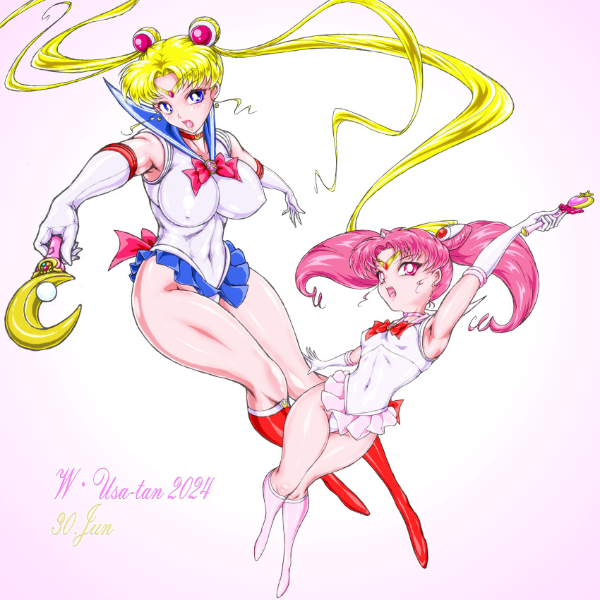 2girls bishoujo_senshi_sailor_moon blonde_hair blue_eyes blue_sailor_collar blue_skirt boots breasts chibi_usa choker crescent crescent_earrings double_bun earrings elbow_gloves gloves hair_bun highres holding holding_wand jewelry large_breasts leotard long_hair looking_at_viewer mother_and_daughter multiple_girls open_mouth pink_choker pink_footwear pink_hair pink_skirt red_choker red_eyes red_footwear sailor_collar sailor_moon skirt small_breasts thigh_boots tsukino_usagi twintails very_long_hair vyz03110 wand white_gloves white_leotard