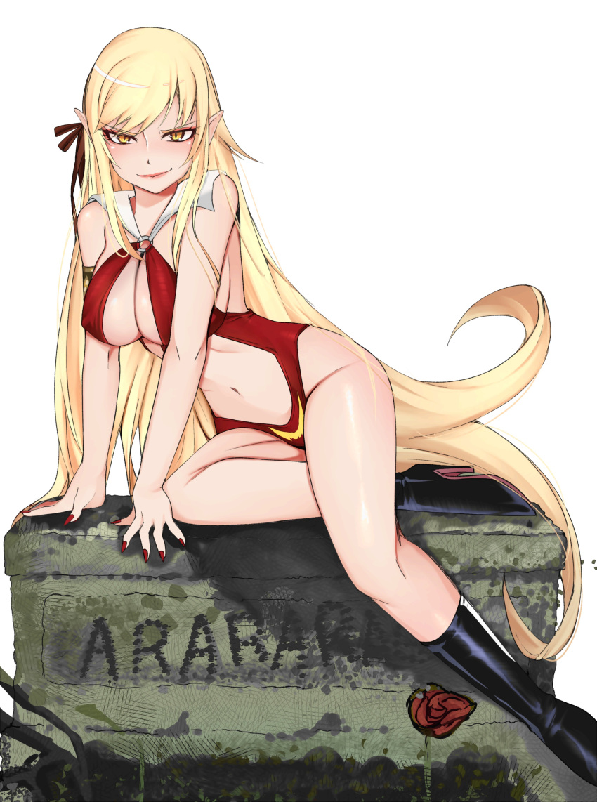 absurdres araragi_koyomi bikini black_footwear blonde_hair boots breasts character_name cleavage highres kiss-shot_acerola-orion_heart-under-blade large_breasts long_hair looking_at_viewer meemz_a monogatari_(series) naughty_face navel o-ring oshino_shinobu parted_bangs red_bikini simple_background swimsuit