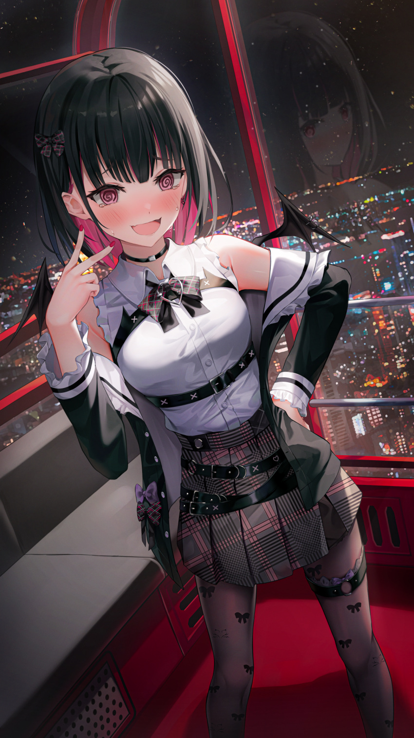 :d @_@ black_bow black_bowtie black_hair black_jacket blush bow bow_print bowtie breasts brown_pantyhose cityscape collared_shirt colored_inner_hair demon_wings dress_shirt feet_out_of_frame female hairbow highres indie_virtual_youtuber indoors jacket long_sleeves looking_at_viewer medium_breasts medium_hair multicolored_hair nail_polish off_shoulder open_clothes open_jacket pantyhose pink_eyes pink_hair pleated_skirt red_nails reflection rikotan_(vtuber) shirt shuvi_(shuvi1125) skirt smile solo standing tearing_up thigh_strap v virtual_youtuber wings