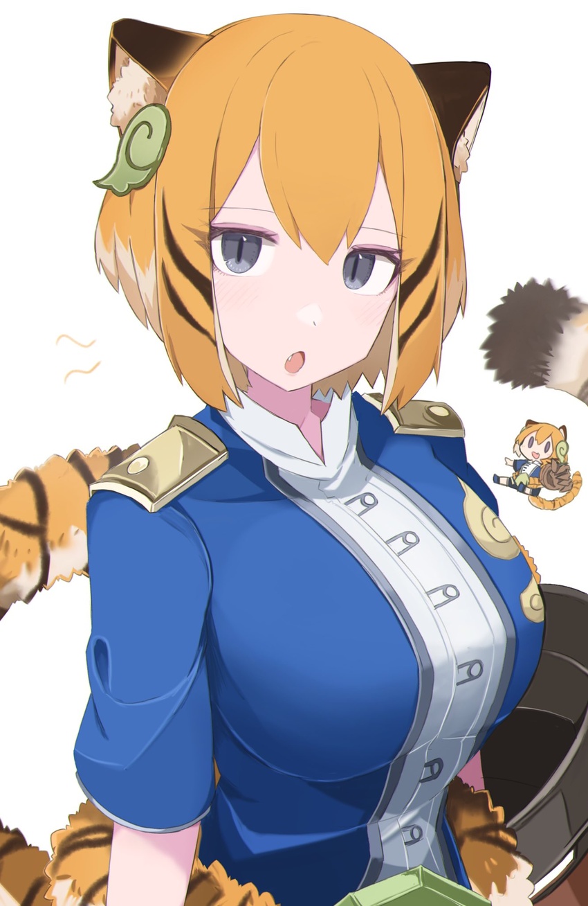 animal_ears bad_id bad_twitter_id bob_cut breasts chibi duel_monster female gauntlets grey_eyes highres large_breasts orange_hair sakuragi_raia single_gauntlet slit_pupils striped_hair tail tiger_ears tiger_girl tiger_tail yu-gi-oh! zoodiac_tigermortar