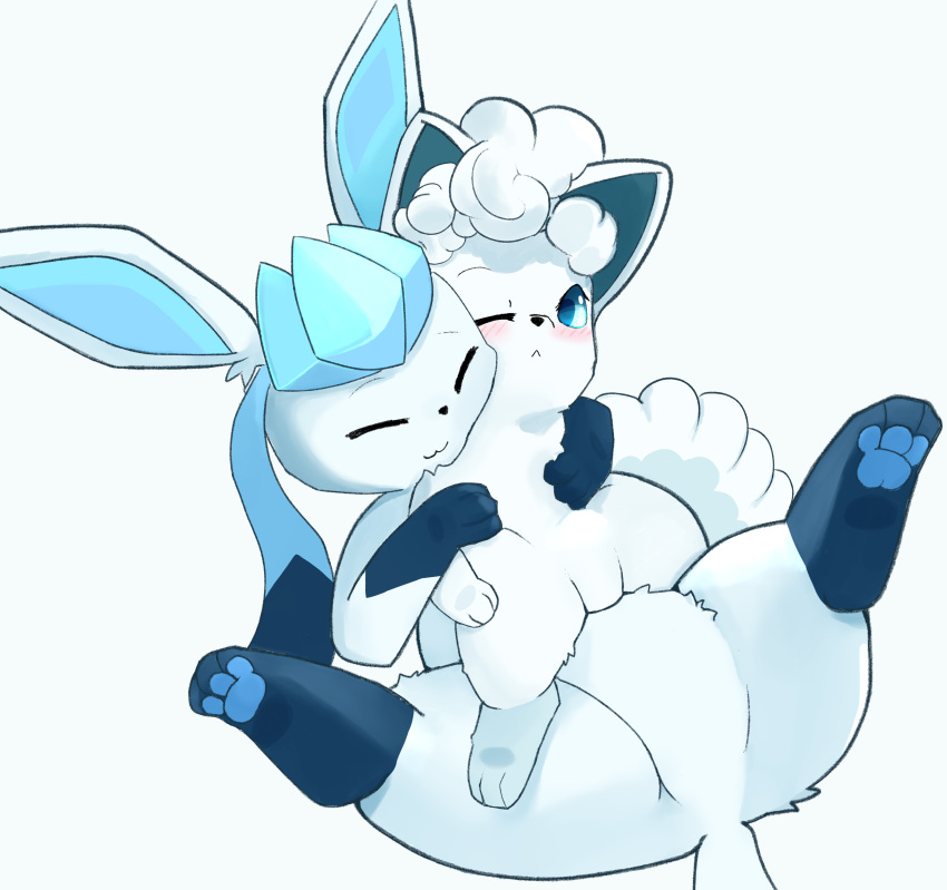 3_fingers 3_toes absurd_res alolan_form alolan_vulpix ambiguous_gender ass black_nose blue_body blue_eyes blue_fur blue_inner_ear blue_pawpads blush chio closed_eyes duo eeveelution featureless_crotch feet feral fingers fur generation_4_pokemon generation_7_pokemon glaceon gloves_(marking) hi_res hug hugging_another hugging_from_behind leg_markings lying markings narrowed_eyes nintendo on_back one_eye_closed pawpads paws pokemon pokemon_(species) regional_form_(pokemon) simple_background sitting sitting_on_another sitting_on_character sitting_on_chest size_difference socks_(marking) spread_legs spreading toes white_background white_body white_fur