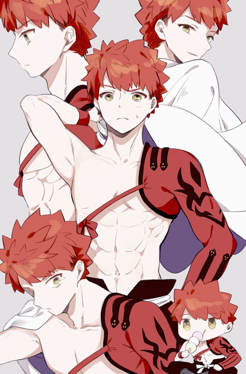 1boy abs absurdres blush chibi dango emiya_shirou fate/grand_order fate_(series) food highres igote jitome male_focus multiple_views raised_eyebrow red_hair reference_sheet senji_muramasa_(fate) suzuakks sweatdrop toned toned_male upper_body wagashi wristband yellow_eyes