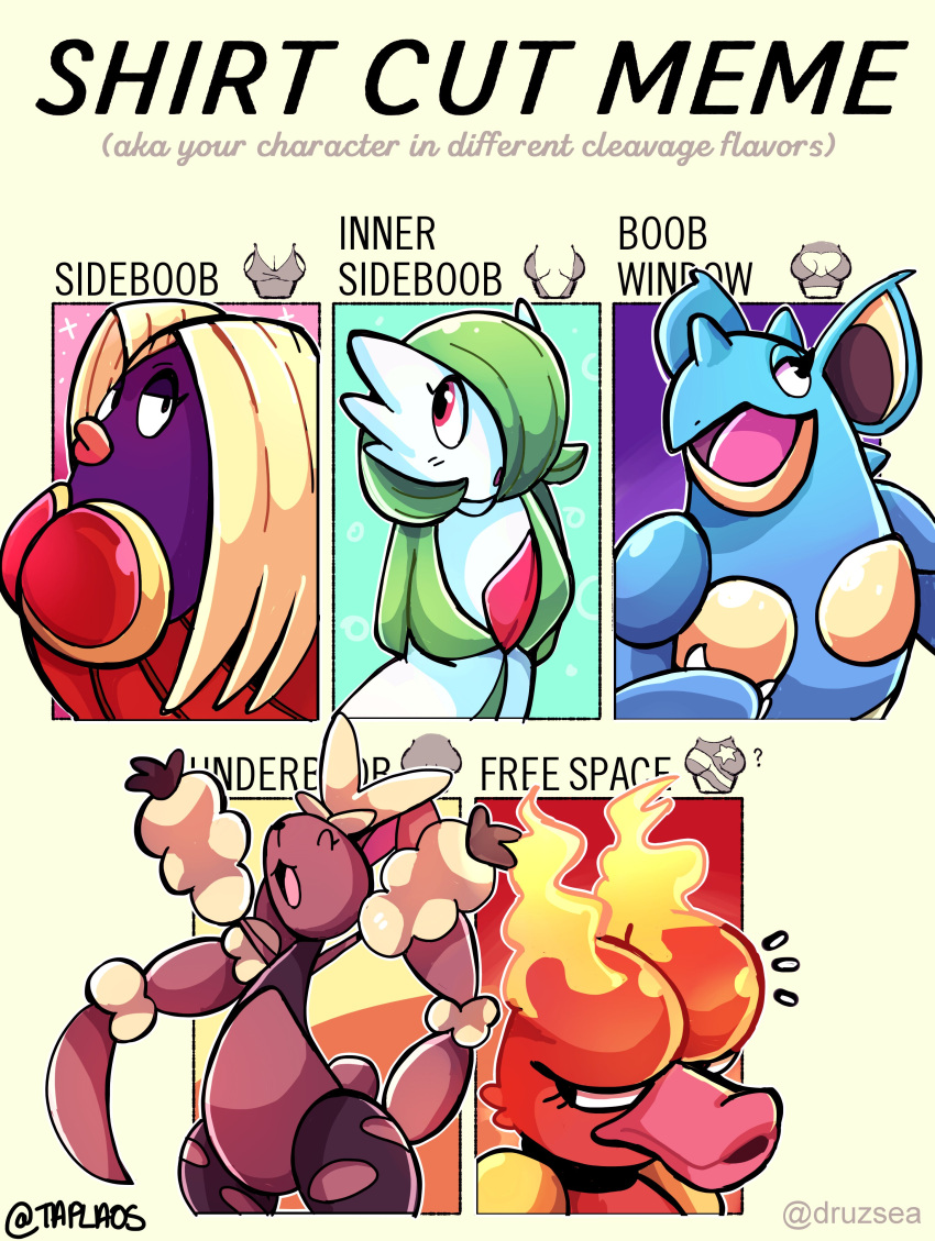 2021 absurd_res ambiguous_gender anthro black_eyes blonde_hair blue_body blue_ears breasts brown_body brown_ears claws emanata english_text female gardevoir generation_1_pokemon generation_3_pokemon generation_6_pokemon green_body green_hair hair hair_over_eye half-closed_eyes hi_res humanoid jynx lips magmar mega_evolution mega_lopunny meme narrowed_eyes nidoqueen nintendo one_eye_obstructed open_mouth pokemon pokemon_(species) purple_body red_eyes shirt_cut_meme taplaos text tongue white_body yellow_body