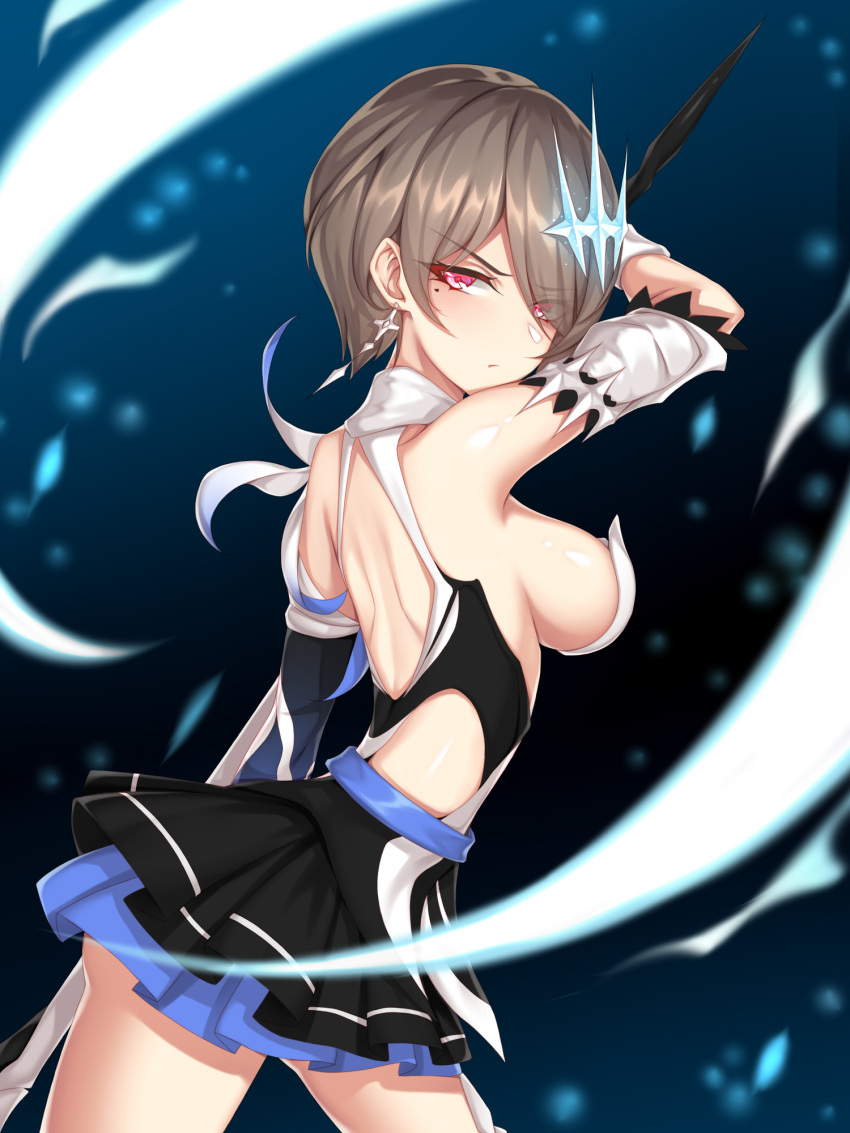 bare_shoulders breasts brown_hair closed_mouth dress earrings female hair_ornament hair_over_one_eye highres holding holding_weapon honkai_(series) honkai_impact_3rd jewelry looking_at_viewer looking_back mole mole_under_eye purple_eyes rita_rossweisse rita_rossweisse_(artemis) ruo_zhishi_chu_jian scythe short_hair sideboob solo v-shaped_eyebrows weapon