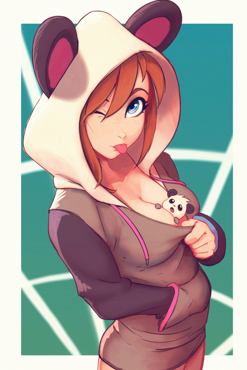 absurdres animal_between_breasts blue_eyes border breasts brown_hair cleavage cowboy_shot drawstring female hand_in_pocket highres hood hood_up hoodie long_hair looking_at_viewer one_eye_closed original raichiyo33 samantha_(admiral_bahroo) solo tongue tongue_out umeru_(admiral_bahroo) white_border