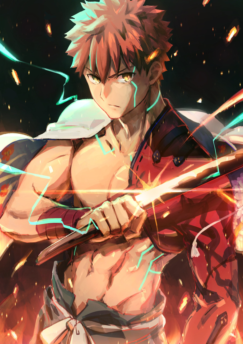 1boy absurdres electricity embers emiya_shirou fate/grand_order fate_(series) glint highres holding holding_sword holding_weapon igote katana looking_at_viewer magic_circuit male_focus okonon_(kado_colda) orange_hair senji_muramasa_(fate) solo sword toned toned_male topless_male upper_body weapon wristband yellow_eyes