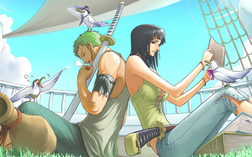 1boy alternate_costume back-to-back bird black_hair blue_eyes book denim female green_hair highres jeans katana long_hair nico_robin one_piece pants pink_ribbon reading ribbon roronoa_zoro seagull short_hair sitting sleeping sword weapon zugan_(berugkamp)