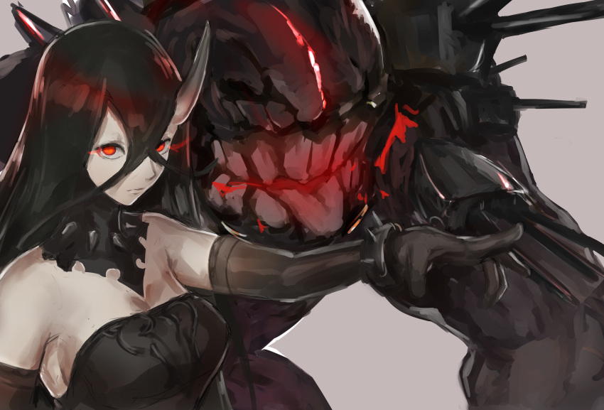 abyssal_(kancolle) armwear battleship_water_oni black_body black_hair black_skin clothing demon dress duo elbow_gloves female gesture gloves hair hand_gesture handwear hi_res horn horned_humanoid humanoid kantai_collection melonnn monster pointing red_eyes shinkaisei-kan