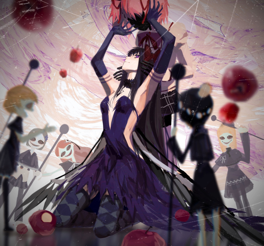 2girls akemi_homura akuma_homura apple black_hair chinese_commentary clara_dolls_(madoka_magica) commentary_request dress food fruit highres kaname_madoka kneehighs kneeling mahou_shoujo_madoka_magica mahou_shoujo_madoka_magica:_hangyaku_no_monogatari multiple_girls purple_eyes skirt socks xxxcxxxboom