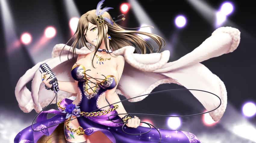 bare_shoulders breasts brown_hair chikuwabu_(yokowokazuaki) claw_ring cleavage coat coat_on_shoulders collarbone commentary_request dress earrings feather_hair_ornament feathers female flower grin hair_flower hair_ornament heart heart_earrings highres holding holding_microphone idol idolmaster idolmaster_cinderella_girls idolmaster_cinderella_girls_starlight_stage jewelry large_breasts leg_tattoo long_hair microphone mukai_takumi purple_dress purple_flower purple_skirt skirt smile solo stage_lights strapless strapless_dress tattoo thighs torn_straps wire yellow_eyes