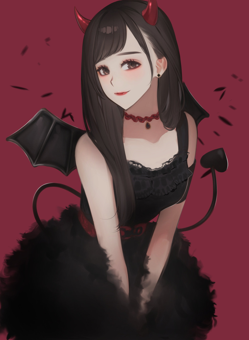 absurdres bad_id bad_twitter_id bamme_o3o bare_shoulders black_dress breasts brown_hair choker collarbone commentary_request demon_girl demon_horns demon_tail dress earrings female frills fur_trim hashimoto_kanna highres horns jewelry long_hair looking_at_viewer medium_breasts mentholatum real_life red_background red_choker simple_background sleeveless sleeveless_dress smile solo tail v_arms wings