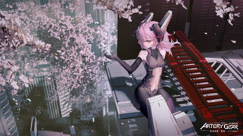 armored_legwear artery_gear artery_gear:_fusion artist_request black_bodysuit black_gloves bodysuit breasts cherry_blossoms covered_navel elbow_gloves female gloves headgear highres leila_pegas medium_breasts medium_hair official_art official_wallpaper pink_hair red_eyes solo