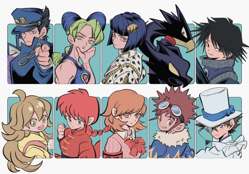 4girls 6+boys amaama_to_inazuma animal_head aqua_background bird_boy black_coat black_eyes black_hair blue_eyes boku_no_hero_academia bow bowtie braid brown_hair bruno_bucciarati chains coat dark_shadow digimon digimon_adventure_02 feitan_portor gakuran gekkoukan_high_school_uniform goggles goggles_on_head green_eyes green_hair hat hunter_x_hunter inuzuka_tsumugi jojo_no_kimyou_na_bouken kaitou_kid kujo_jolyne kujo_jotaro long_hair looking_at_viewer magic_kaito monocle motomiya_daisuke multicolored_hair multiple_boys multiple_girls overalls parted_lips persona persona_3 pink_overalls pink_shirt pointing pointing_at_viewer profile purple_shirt ranma-chan ranma_1/2 red_bow red_bowtie red_eyes red_hair saotome_ranma school_uniform shirt short_hair smile stardust_crusaders stone_ocean tokoyami_fumikage top_hat two-tone_hair upper_body uzuta vento_aureo white_headwear yukari_takeba