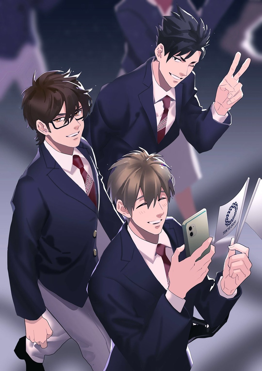 >_o 2020_summer_olympics 3boys ace_of_diamond black_eyes black_hair black_jacket blurry blurry_background brown_eyes brown_hair closed_eyes crossover flag formal free! glasses grin haikyuu!! highres holding holding_flag holding_phone jacket kuroo_tetsurou looking_at_viewer male_focus mini_flag miyuki_kazuya multiple_boys necktie olympics one_eye_closed pants phone poru_bm short_hair smile tachibana_makoto teeth v white_pants