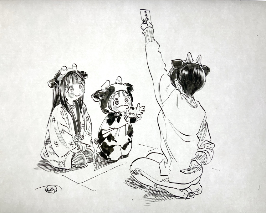 3girls akebi-chan_no_serafuku akebi_kao akebi_komichi akebi_yuwa animal_costume animal_hood animal_print black_hair commentary_request cow_costume cow_hood cow_print fake_horns highres hiro_(dismaless) hongbao hood horns long_hair monochrome mother_and_daughter multiple_girls onesie short_hair short_sleeves siblings sisters