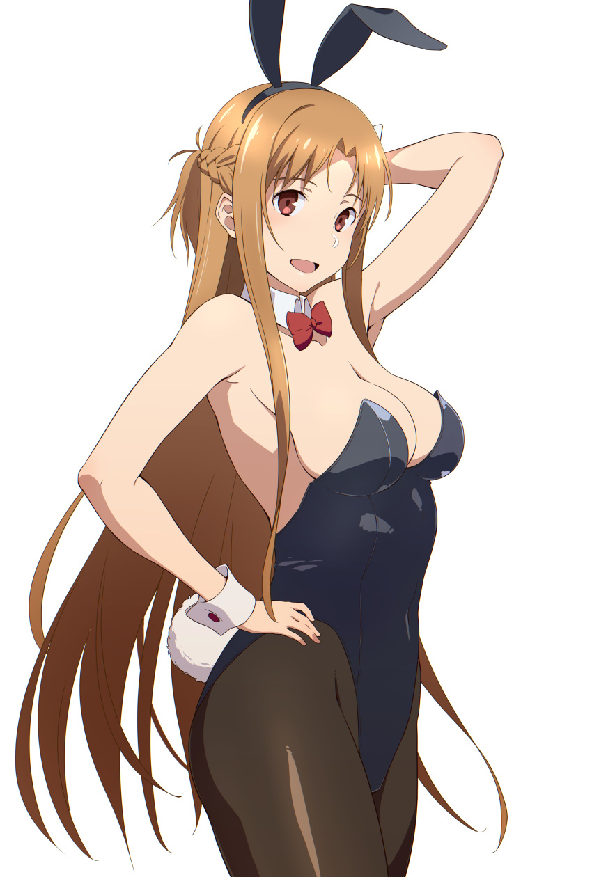 :d absurdres alternate_costume animal_ears arm_up asuna_(sao) black_leotard black_pantyhose bow bowtie braid breasts brown_eyes brown_hair bunny_day cowboy_shot detached_collar fake_animal_ears fake_tail female from_side half_up_braid hand_on_own_hip highleg highleg_leotard highres large_breasts leotard long_hair looking_at_viewer pantyhose playboy_bunny puge rabbit_ears rabbit_tail red_bow red_bowtie short_ponytail smile solo sword_art_online tail very_long_hair white_background white_wrist_cuffs wrist_cuffs