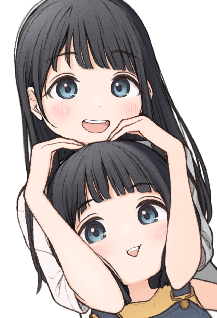 1ssakawaguchi 2girls :d absurdres akebi-chan_no_serafuku akebi_kao akebi_komichi black_hair blue_eyes blunt_bangs blush cheek_squash commentary eyebrows hands_on_another's_head head_on_head head_rest highres lolicon long_hair looking_at_viewer medium_hair multiple_girls open_mouth overalls shirt short_hair short_sleeves siblings sisters smile upper_body white_background white_shirt yellow_shirt