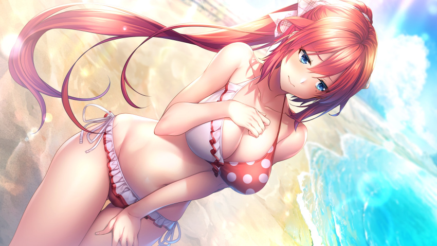 ainokura_kazuha amanatsu bad_link beach bikini blue_eyes blush breast_suppress breasts collarbone cowboy_shot day dutch_angle female frilled_bikini frills game_cg gintarou_(kurousagi108) halterneck high_ponytail highres large_breasts lens_flare light_rays long_hair looking_away mole mole_under_eye navel official_art outdoors photoshop_(medium) polka_dot polka_dot_bikini ponytail red_hair shy side-tie_bikini_bottom solo standing swimsuit water