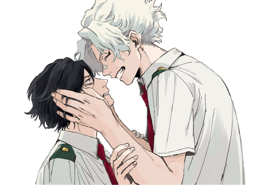 2boys aged_down bandaid bandaid_on_face bandaid_on_nose black_hair boku_no_hero_academia closed_eyes collared_shirt commentary_request eraser_head_(boku_no_hero_academia) grimace grin hands_on_another's_arms hands_on_another's_face looking_at_another looking_up loud_cloud male_focus multiple_boys necktie red_necktie rnuyvm school_uniform shirt short_hair short_sleeves simple_background smile teeth u.a._school_uniform vigilante_-boku_no_hero_academia:_illegals- white_background white_hair white_shirt