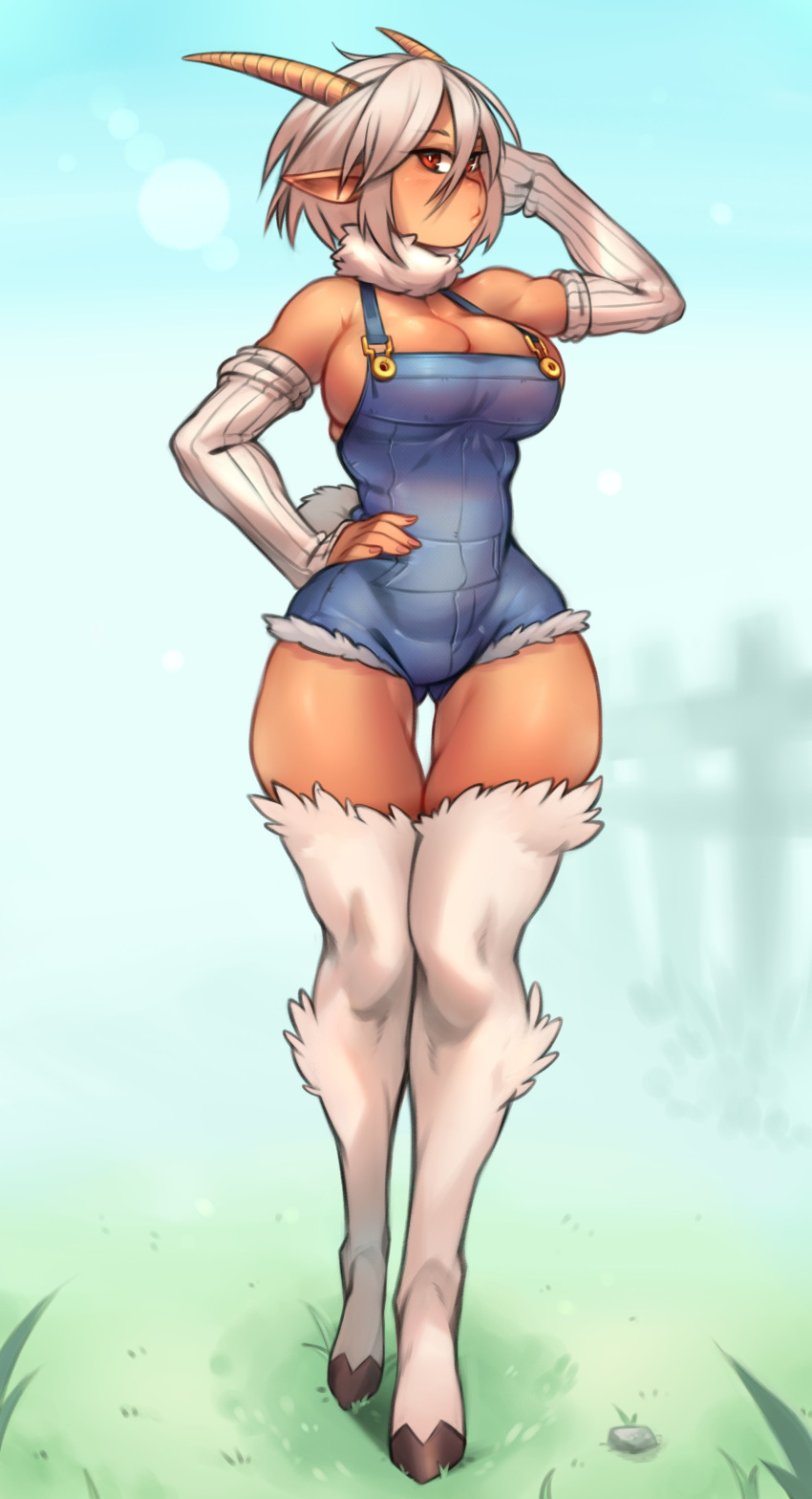 :> absurdres ass_visible_through_thighs blue_sky breasts bursting_breasts cleavage commentary commission curvy cutoffs dark-skinned_female dark_skin day detached_sleeves english_commentary female full_body fur_collar goat_girl goat_horns goat_legs goat_tail grass hair_between_eyes hand_on_own_hip highres hooves horns kelvin_hiu large_breasts long_legs looking_at_viewer monster_musume_no_iru_nichijou naked_overalls narrow_waist no_bra outdoors overalls pointy_ears ribbed_sleeves saane_(monster_musume) satyr short_hair sideboob sky solo standing thigh_gap thighs walking white_fur white_hair wide_hips