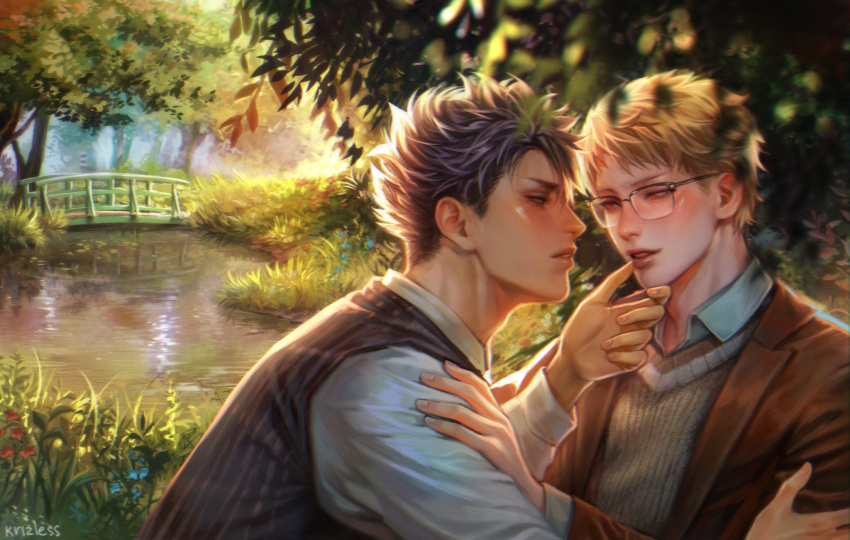 2boys asya_(krizless) black_hair blonde_hair blush bridge brown_jacket day english_commentary eye_contact flower forest glasses grabbing_another's_chin grass haikyuu!! hand_on_another's_chin highres imminent_kiss jacket kuroo_tetsurou long_sleeves looking_at_another male_focus multiple_boys nature outdoors parted_lips picnic plant river shirt short_hair smile tree tsukishima_kei vest water white_shirt wood wooden_bridge yaoi