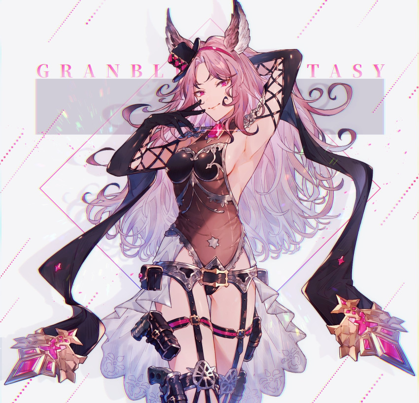 animal_ears armpits black_gloves catherine_(granblue_fantasy) erune female garter_belt gem gloves granblue_fantasy gun headband highres holster holstered leotard long_hair o-ishi pink_eyes pink_hair see-through showgirl_skirt smile solo weapon