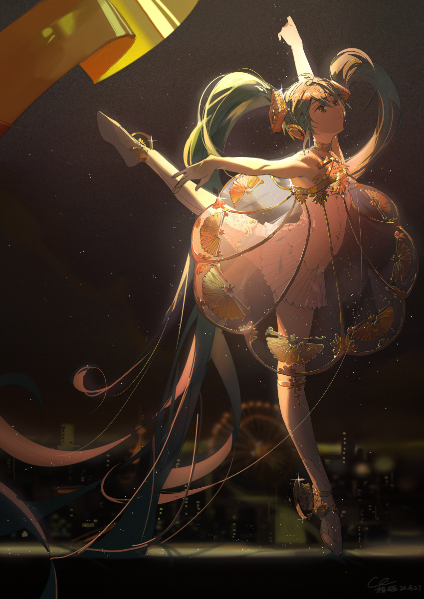 absurdly_long_hair absurdres arabesque_(pose) black_background chinese_commentary commentary_request dress en_pointe female gramophone_miku green_eyes green_hair hako_(misheyes) hatsune_miku headphones highres long_hair miku_symphony_(vocaloid) outstretched_arms pleated_skirt see-through see-through_dress skirt solo spread_arms standing standing_on_one_leg strapless strapless_dress thighhighs tiptoes twintails very_long_hair vocaloid