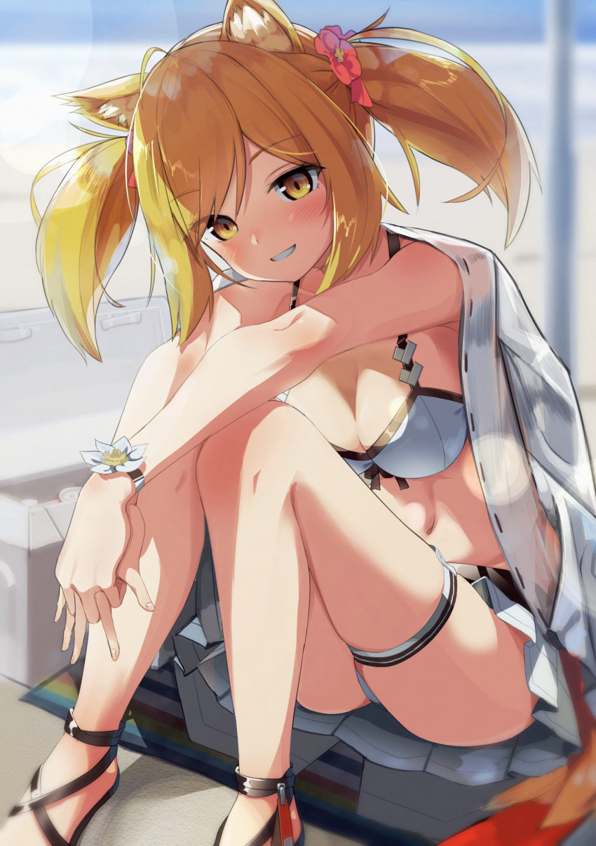 absurdres animal_ears arknights ass bare_shoulders bikini bikini_skirt blonde_hair bracelet breasts cleavage female grin hair_ornament highres jacket jacket_on_shoulders jewelry knees_up long_hair looking_at_viewer medium_breasts official_alternate_costume sandals sitting skindentation smile solo sora_(arknights) sora_(summer_flowers)_(arknights) sudo-bi swimsuit thigh_strap thighs twintails white_bikini wolf_ears yellow_eyes