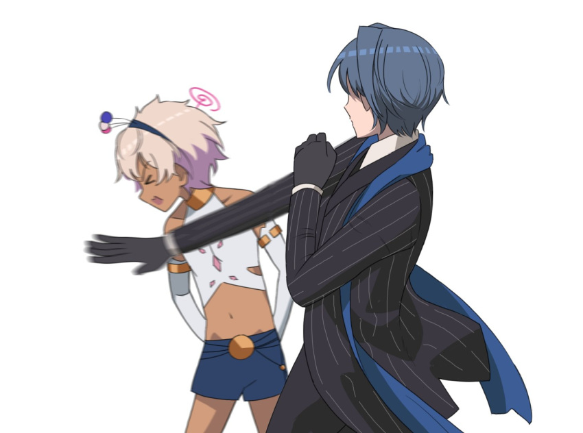 >_< 2boys blue_hair commentary dark-skinned_male dark_skin dotonburi english_commentary formal genderswap_(ftm) gloves hair_ornament hololive hololive_english limiter_(tsukumo_sana) meme midriff multiple_boys navel ouro_kronii ouro_krono photo-referenced planet_hair_ornament rule_63 simple_background slapping suit tsukumo_san tsukumo_sana virtual_youtuber white_background will_smith_slapping_chris_rock_(meme)