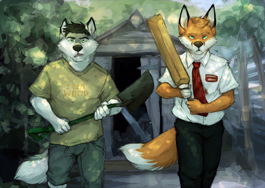 2013 anthro bat_(object) canid canine canis clothing conditional_dnp cricket_bat dipstick_tail duo fox fur garnetto green_eyes holding_object holding_tool improvised_weapon looking_at_viewer male mammal markings plant shaun_of_the_dead shed shovel tail tail_markings tools tree walking weapon wolf