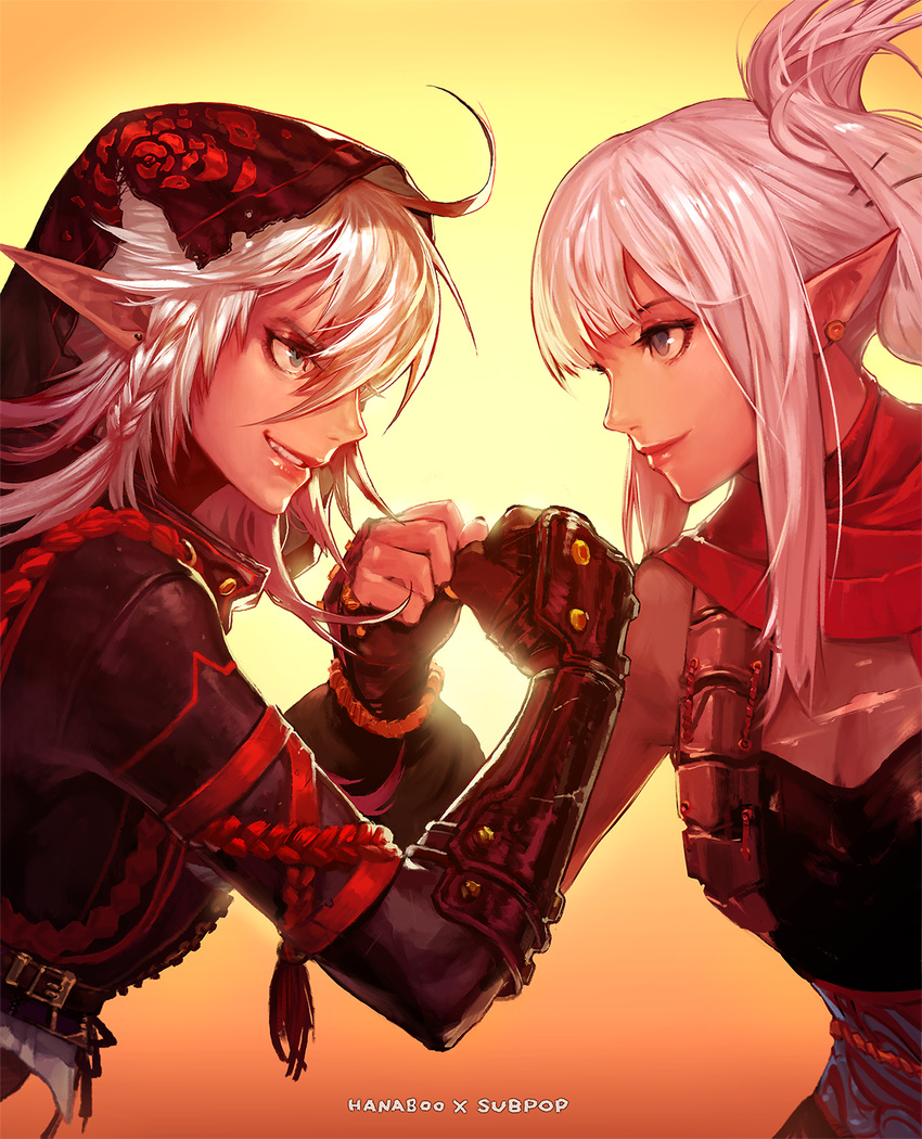 2girls blue_eyes dual_persona dungeon_and_fighter earrings elf eye_contact fingerless_gloves gloves grey_eyes grin highres jewelry kunoichi_(dungeon_and_fighter) looking_at_another multiple_girls pointy_ears profile shadow_dancer_(dungeon_and_fighter) sidelocks smile takssmask thief_(dungeon_and_fighter) updo white_hair