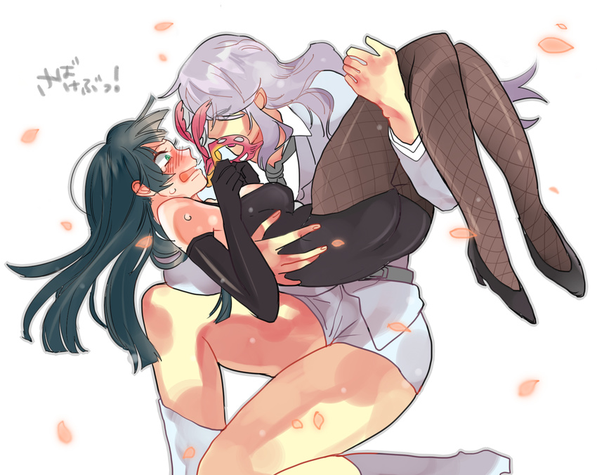 2girls ayapmi bad_id bad_pixiv_id black_gloves black_hair blush carrying cherry_blossoms commentary_request detached_sleeves elbow_gloves eye_contact fishnet_pantyhose fishnets gloves high_heels highres isurugi_yayoi leotard long_hair looking_at_another mask multiple_girls ootori_miou pantyhose playboy_bunny princess_carry sabagebu! shorts simple_background unworn_mask white_background white_hair yuri