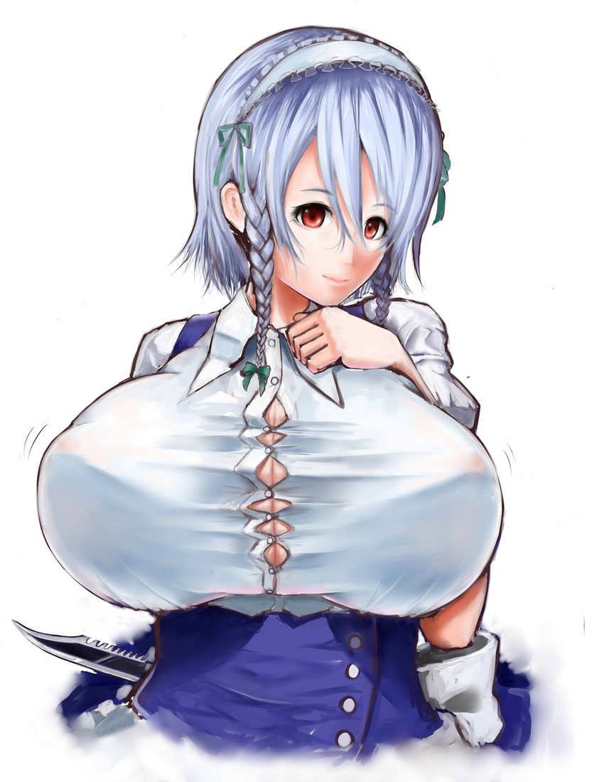 bad_id bad_pixiv_id blouse bouncing_breasts bow braid breasts brown_eyes bursting_breasts cleavage female grey_hair hairbow highres huge_breasts izayoi_sakuya kai_ry knife looking_at_viewer maid_headdress motion_lines seductive_smile shirt short_hair short_sleeves simple_background smile solo touhou upper_body vest white_background