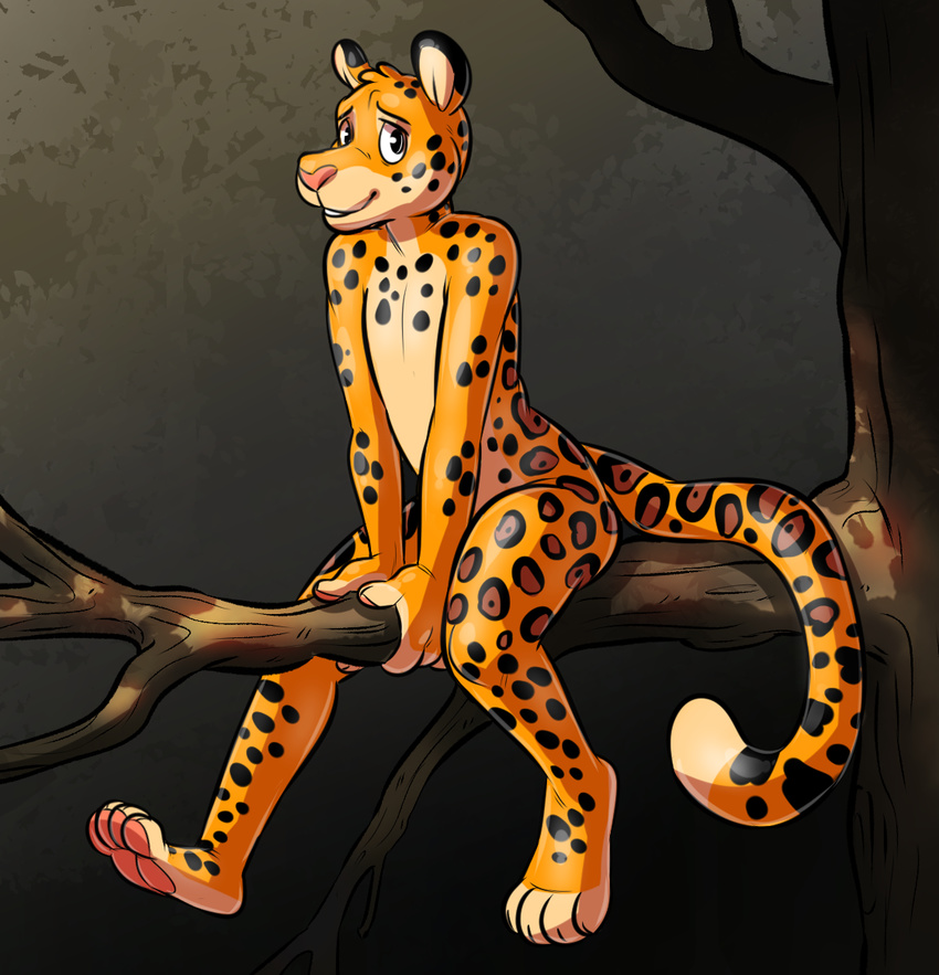 2016 anthro biped branch cubi digital_media_(artwork) felid glistening hindpaw in_tree jaguar kamu latex looking_at_viewer male mammal on_branch outside pantherine paws plant simple_background sitting sitting_on_branch smile solo spots tree