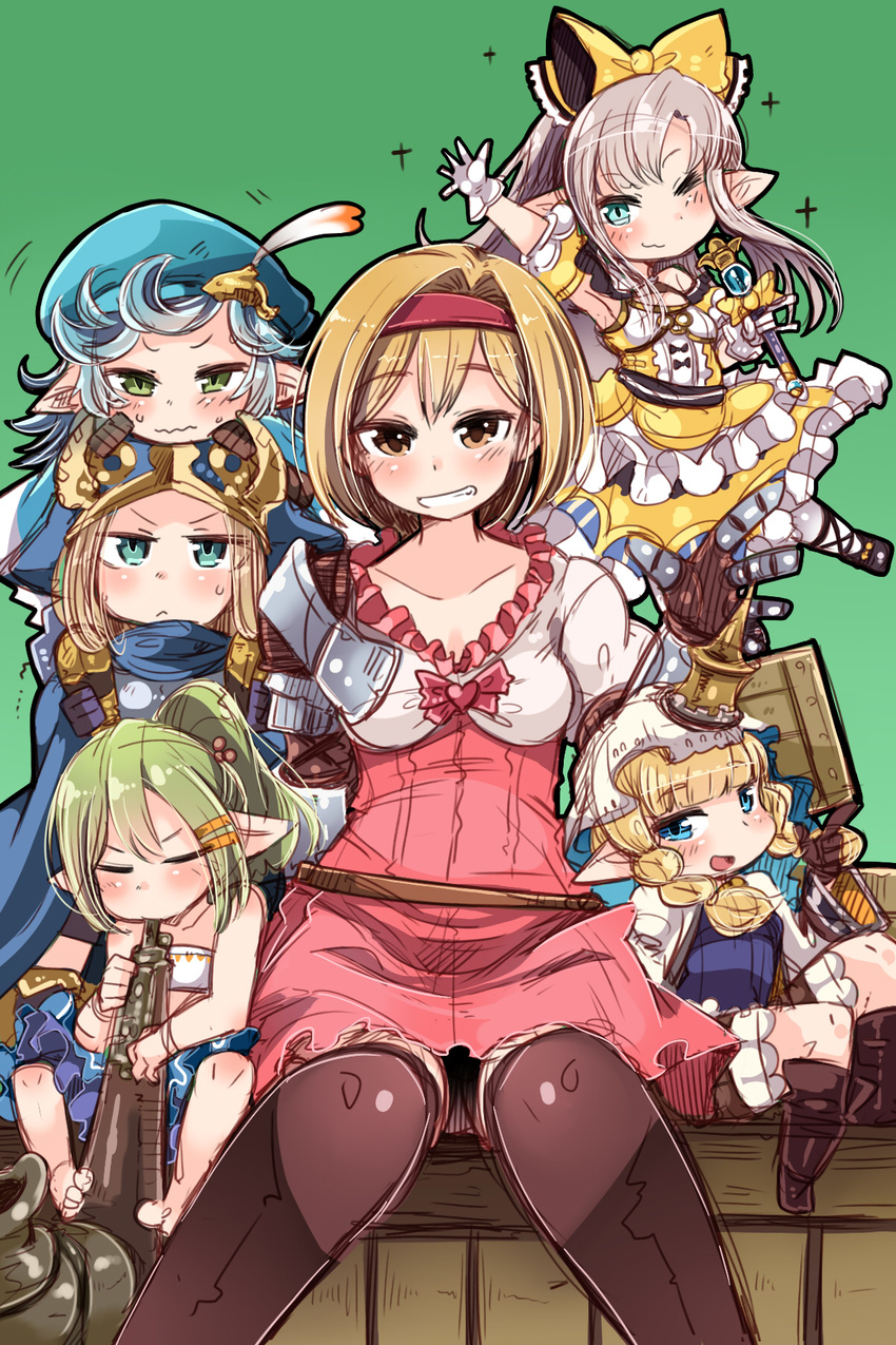 6+girls :< :d amagaeru_(hylathewet) aqua_eyes arm_up bare_shoulders belt black_footwear blonde_hair blue_eyes blue_hair blush boots bow braid breasts bridal_veil brown_eyes brown_footwear carrying closed_eyes closed_mouth commentary_request djeeta_(granblue_fantasy) dress fighter_(granblue_fantasy) filasopila flugelhorn gloves granblue_fantasy green_eyes green_hair grey_hair hair_ornament hair_ribbon hairband hairbow harvin hat highres hood idol instrument knees_together_feet_apart lilele_(granblue_fantasy) long_hair looking_at_viewer medium_breasts milleore mimlememel multiple_girls one_eye_closed open_mouth pink_hairband pointy_ears ponytail puffy_short_sleeves puffy_sleeves ribbon sahli_lao shoes short_hair short_sleeves shoulder_carry sitting smile sparkle thighhighs twin_braids v-shaped_eyebrows veil wavy_mouth white_gloves white_legwear yellow_ribbon