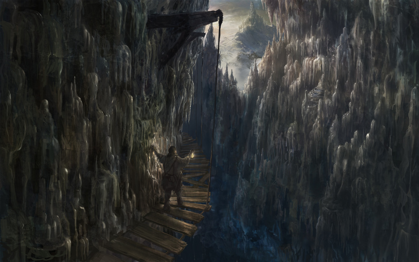 1boy bad_id bad_pixiv_id bridge brown_hair castle cloud cloudy_sky commentary_request fantasy highres holding lantern limestone long_hair mountain original outdoors photoshop_(medium) rock scenery sky stalagmite sword weapon wooden_bridge you_shimizu