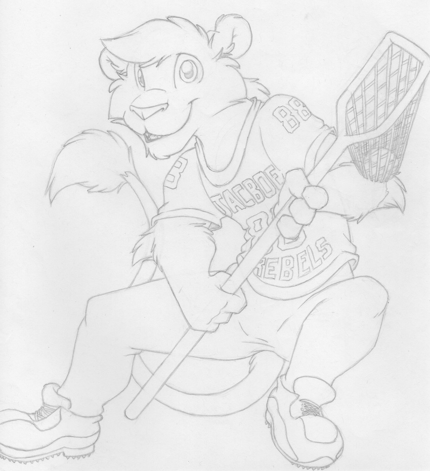 absurd_res action_pose anthro bottomless clothed clothing competition_number featureless_crotch felid footwear front_view graphite_(artwork) greyscale hi_res jersey lacrosse lacrosse_stick line_art lion looking_at_viewer male mammal mizzyam monochrome number number_on_clothing number_on_jersey number_on_topwear number_print pantherine pencil_(artwork) pose print_clothing print_jersey print_topwear shoes smile sneakers solo text text_on_clothing text_on_jersey text_on_topwear text_print topwear traditional_media_(artwork)