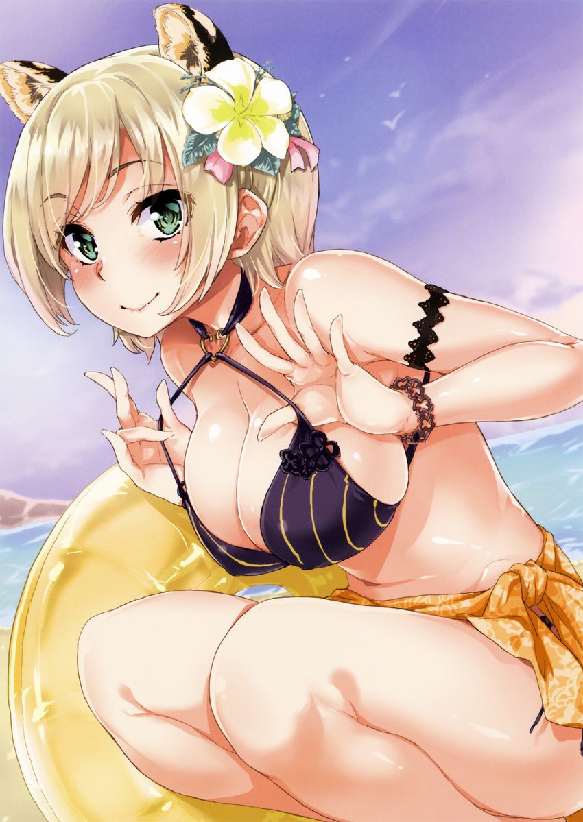 absurdres animal_ears arima_jin armlet bare_legs bare_shoulders beach bikini bird blonde_hair blush bracelet breasts cleavage closed_mouth cloud collarbone cropped day female fingernails flower green_eyes groin hair_flower hair_ornament hands_up highres innertube jewelry large_breasts legs looking_at_viewer navel non-web_source o-ring o-ring_bikini o-ring_top original outdoors pink_lips pulling_own_clothes red_bikini sarong scan side-tie_bikini_bottom smile solo squatting strap_pull striped_bikini striped_clothes swim_ring swimsuit tiger_ears toranoana vertical-striped_bikini vertical-striped_clothes water