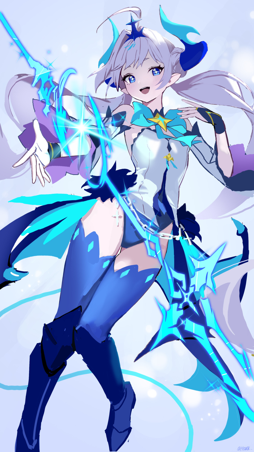 +_+ :d absurdres ahoge armor bat_wings blue_bow blue_eyes blue_horns bow chains elsword female full_body greaves highres horns leotard light_blush long_hair looking_at_viewer low_twintails luciela_r._sourcream noblesse_(elsword) pointy_ears ppower_(lu_power) short_eyebrows smile solo thighhighs twintails twitter_username very_long_hair white_hair white_leotard wings