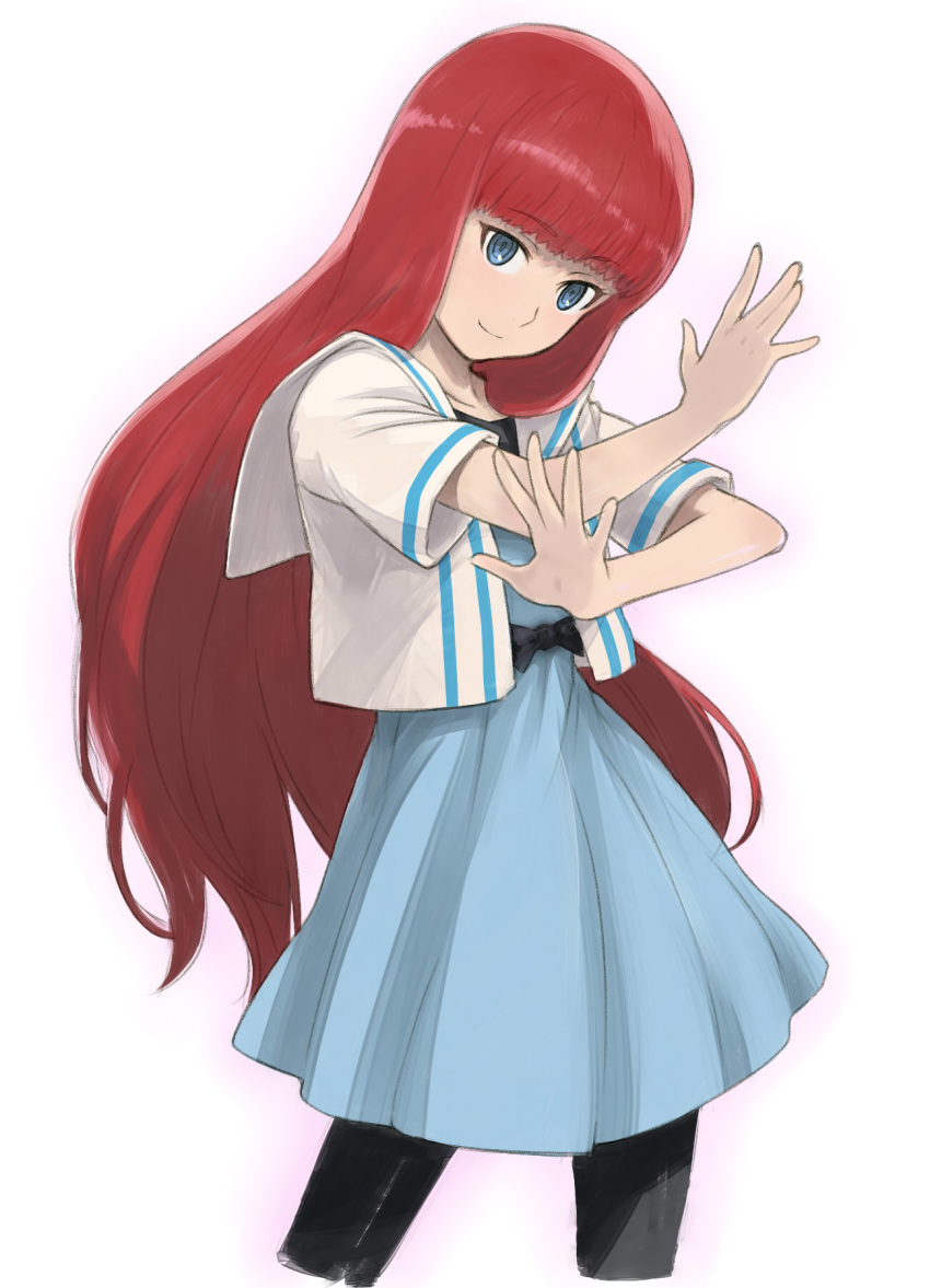 black_legwear blue_dress blue_eyes blunt_bangs closed_mouth collarbone commentary_request cropped_legs dress female highres long_hair menomorute pants pants_under_dress pleated_dress red_hair sailor_collar shiina_kagari short_dress short_sleeves simple_background smile solo standing steins;gate steins;gate_0 straight_hair sundress very_long_hair white_background white_sailor_collar