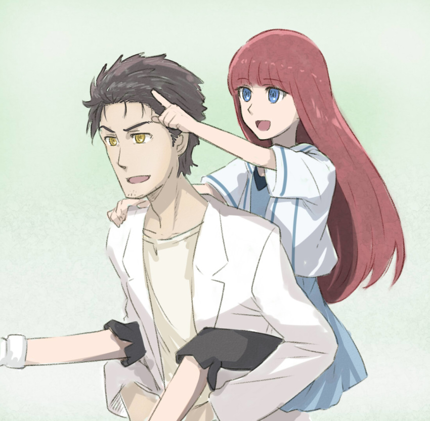 1boy :d black_hair black_legwear blue_dress blue_eyes collarbone dress female hair_between_eyes index_finger_raised lab_coat long_hair menomorute okabe_rintarou open_mouth pants pants_under_dress pink_background red_hair shiina_kagari shirt short_dress short_sleeves smile steins;gate steins;gate_0 straight_hair sundress very_long_hair white_background white_shirt yellow_eyes